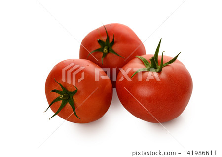 Three Fresh Ripe Tomatoes with Green Stems on White Three Fresh Ripe Tomatoes with Green Stems on White 141986611