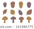 A set of loose, hand-drawn shapes (brown) featuring acorns, leaves, and mushrooms, evoking the feeling of autumn. 141986775