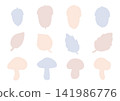 A set of loosely drawn, autumn-themed shapes (blue, brown, orange) featuring acorns, leaves, and mushrooms. 141986776