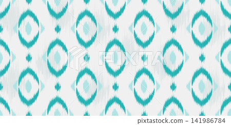 Ikat geometric seamless pattern with ethnic motif. Abstract traditional tribal background for fabric and textile print. Watercolor and woven effect ornament Ikat geometric seamless pattern with ethnic motif. Abstract traditional tribal background for fabric and textile print. Watercolor and woven effect ornament 141986784
