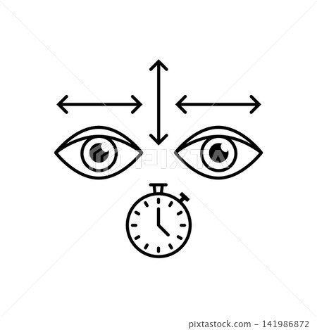 Minimalist line art illustration representing directional eye movement exercises and timer for eye strain prevention. Minimalist line art illustration representing directional eye movement exercises and timer for eye strain prevention. 141986872