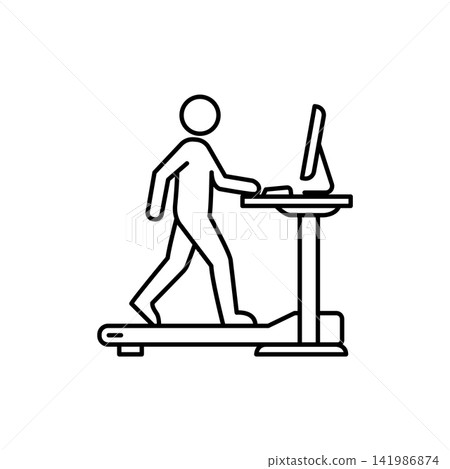 Line art illustration of a person walking on a treadmill while using a standing desk at work. Line art illustration of a person walking on a treadmill while using a standing desk at work. 141986874