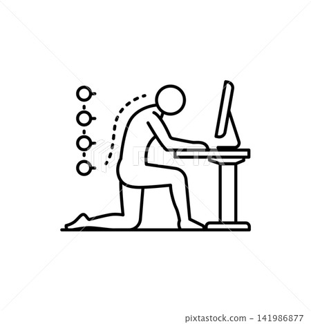 Minimalist line illustration of a person performing a dynamic back stretch at a desk workspace. Minimalist line illustration of a person performing a dynamic back stretch at a desk workspace. 141986877