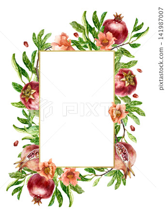 Pomegranate rectangular frame. Red fruits, green leaves and pink flowers. Hand drawn watercolor illustration in a botanical style, isolated on white. Perfect for greeting cards and holiday invitations Pomegranate rectangular frame. Red fruits, green leaves and pink flowers. Hand drawn watercolor illustration in a botanical style, isolated on white. Perfect for greeting cards and holiday invitations 141987007