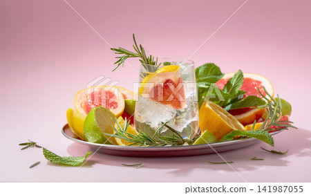 Refreshing summer cocktail with ice, citrus, rosemary and mint. Refreshing summer cocktail with ice, citrus, rosemary and mint. 141987055