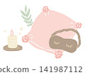 A hand-drawn illustration of a cushion, eye mask, and aromatherapy candle for relaxation. 141987112