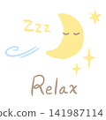 A hand-drawn illustration of a sleeping crescent moon and the English word "relax" logo. 141987114