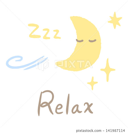 A hand-drawn illustration of a sleeping crescent moon and the English word "relax" logo. 141987114