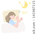 A hand-drawn illustration of a woman sleeping soundly and comfortably in a bed. 141987115