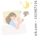 A hand-drawn illustration of a woman suffering from insomnia who has trouble sleeping in bed at night. 141987116