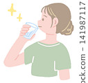 A hand-drawn illustration of a woman drinking a glass of water to rehydrate. 141987117