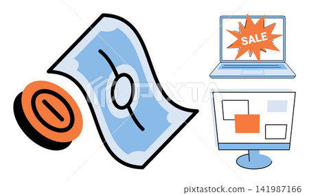 Money and computer screens showing sale icons vector illustration. Digital marketing, retail business, online shopping, financial transaction, e-commerce strategy, internet commerce. Currency 141987166