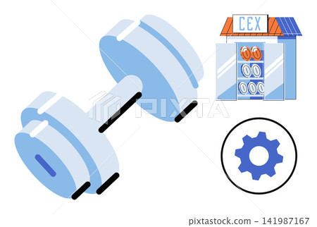 Dumbbell icon with shop and gear settings vector illustration. Physical training, retail store, mechanical maintenance, gym equipment, digital commerce, technical support. Weightlifting tool Dumbbell icon with shop and gear settings vector illustration. Physical training, retail store, mechanical maintenance, gym equipment, digital commerce, technical support. Weightlifting tool 141987167