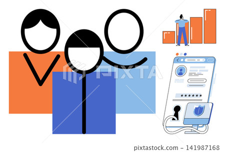 Group of people and digital security icons vector illustration. Teamwork, data protection, business growth, cyber safety, professional networking, analytics. Colleagues and online privacy Group of people and digital security icons vector illustration. Teamwork, data protection, business growth, cyber safety, professional networking, analytics. Colleagues and online privacy 141987168