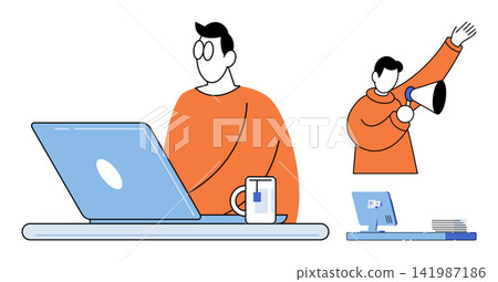 People working on laptop and using megaphone vector illustration. Remote work, corporate communication, digital marketing, office productivity, announcement, professional tasks. Employees using People working on laptop and using megaphone vector illustration. Remote work, corporate communication, digital marketing, office productivity, announcement, professional tasks. Employees using 141987186