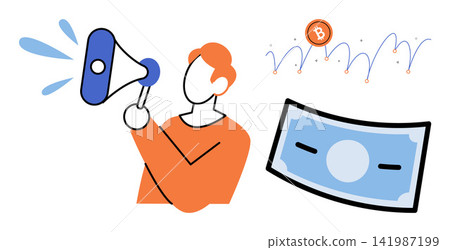 Person holding a megaphone with a bitcoin chart and money vector illustration. Marketing, cryptocurrency, finance, investment, promotion, digital currency. Man using loudspeaker with cash Person holding a megaphone with a bitcoin chart and money vector illustration. Marketing, cryptocurrency, finance, investment, promotion, digital currency. Man using loudspeaker with cash 141987199