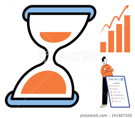 Hourglass with rising bar chart and man checking a list vector illustration. Productivity, efficiency, deadline, planning, strategy, success. Sand timer with financial graph and person Hourglass with rising bar chart and man checking a list vector illustration. Productivity, efficiency, deadline, planning, strategy, success. Sand timer with financial graph and person 141987200