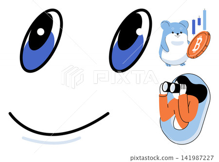 Abstract happy face with a hamster holding a bitcoin and a person looking through binoculars vector illustration. Finance, investment, cryptocurrency, exploration, vision, discovery. Happy emoticon Abstract happy face with a hamster holding a bitcoin and a person looking through binoculars vector illustration. Finance, investment, cryptocurrency, exploration, vision, discovery. Happy emoticon 141987227