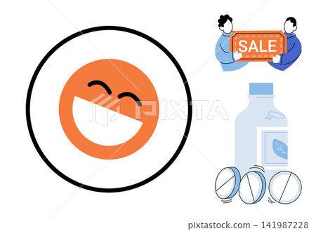 A collection of icons including a happy emotion, medicine bottle with pills, and people holding a sale sign vector illustration. Healthcare, pharmacy, commerce, retail, happiness, discount. Medical A collection of icons including a happy emotion, medicine bottle with pills, and people holding a sale sign vector illustration. Healthcare, pharmacy, commerce, retail, happiness, discount. Medical 141987228