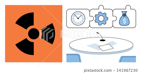 Radiation warning sign and conference table with puzzle icons time, strategy, and money vector illustration. Risk management, corporate planning, productivity, finance, industry, safety. Radioactive Radiation warning sign and conference table with puzzle icons time, strategy, and money vector illustration. Risk management, corporate planning, productivity, finance, industry, safety. Radioactive 141987230