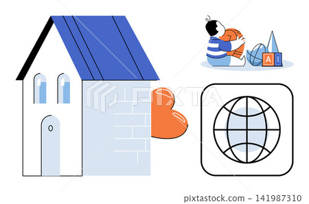 House with heart, child playing with blocks, and globe icon vector illustration. Parenting, early education, childhood, global learning, home life, family values. Residential building and kid House with heart, child playing with blocks, and globe icon vector illustration. Parenting, early education, childhood, global learning, home life, family values. Residential building and kid 141987310