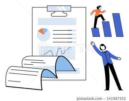 Business performance analysis and career growth vector illustration. Professional development, corporate strategy, financial reporting, data management, success planning, office productivity Business performance analysis and career growth vector illustration. Professional development, corporate strategy, financial reporting, data management, success planning, office productivity 141987352