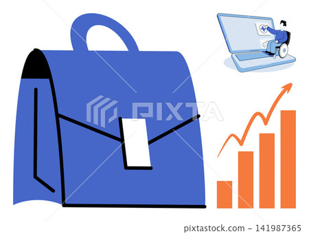 Briefcase laptop and growth chart vector illustration. Professional development, disability inclusion, corporate success, digital accessibility, financial progress, career advancement. Office bag Briefcase laptop and growth chart vector illustration. Professional development, disability inclusion, corporate success, digital accessibility, financial progress, career advancement. Office bag 141987365