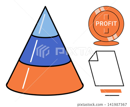 A segmented pyramid chart with a profit coin and document icon vector illustration. Business strategy, financial growth, corporate planning, marketing analysis, data management, success. Infographic 141987367