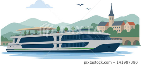 River cruise ship touring charming european village landscape River cruise ship touring charming european village landscape 141987380