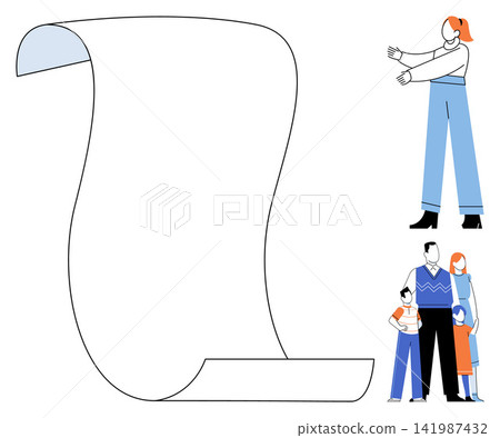 Blank paper scroll with family and woman characters vector illustration. Planning, family life, communication, future goals, parenting, social connection. Empty parchment sheet with people Blank paper scroll with family and woman characters vector illustration. Planning, family life, communication, future goals, parenting, social connection. Empty parchment sheet with people 141987432