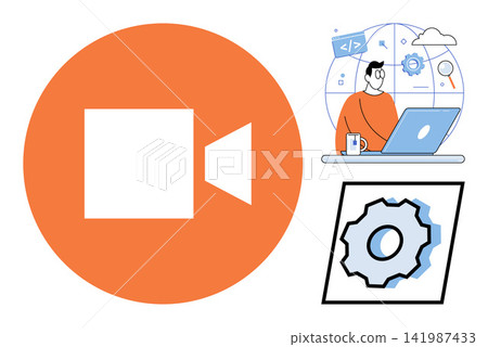 Video camera icon and programmer working on laptop vector illustration. Software development, digital communication, remote work, technical support, web design, coding. Media recording symbol Video camera icon and programmer working on laptop vector illustration. Software development, digital communication, remote work, technical support, web design, coding. Media recording symbol 141987433