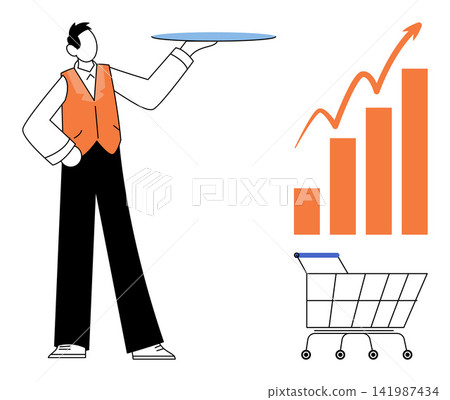 Businessman holding a tray with a rising bar chart and shopping cart vector illustration. Sales growth, retail strategy, profit increase, marketing success, commerce, business development Businessman holding a tray with a rising bar chart and shopping cart vector illustration. Sales growth, retail strategy, profit increase, marketing success, commerce, business development 141987434