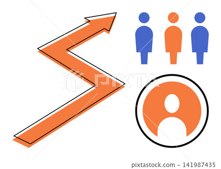 Upward arrow with human icons and profile symbol vector illustration. Team development, corporate growth, recruitment, leadership, career advancement, personnel management. Rising chart with people Upward arrow with human icons and profile symbol vector illustration. Team development, corporate growth, recruitment, leadership, career advancement, personnel management. Rising chart with people 141987435
