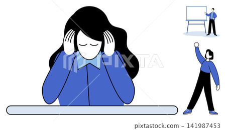 Stressed woman holding her head and business people characters vector illustration. Mental health, workplace burnout, professional stress, office fatigue, corporate training, career pressure. Anxious Stressed woman holding her head and business people characters vector illustration. Mental health, workplace burnout, professional stress, office fatigue, corporate training, career pressure. Anxious 141987453