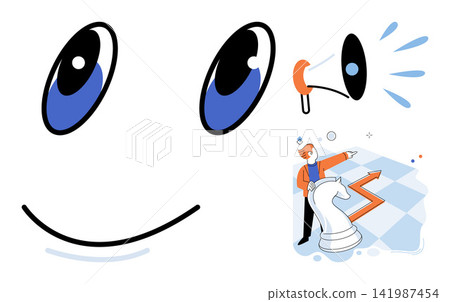 Smiling face icon with megaphone and businessman moving chess piece vector illustration. Marketing, leadership, strategy, communication, success, planning. Happy expression with loudspeaker 141987454