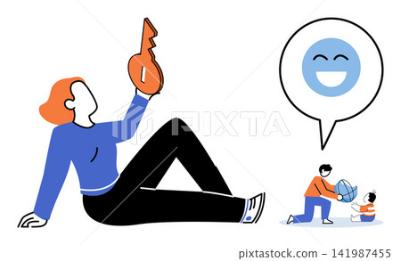 Woman holding a key with a family playing in a speech bubble vector illustration. Parenting, childhood, home security, family values, happiness, property ownership. Female person with house key 141987455