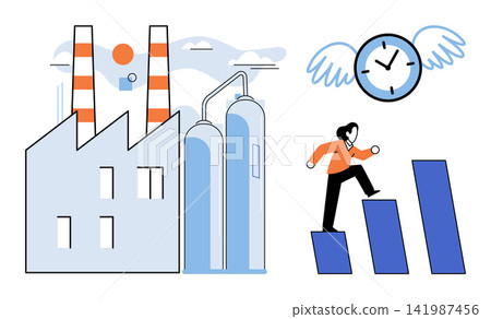 Factory building with a flying clock and a person climbing a bar chart vector illustration. Productivity, time management, industrial growth, business success, workflow, optimization. Manufacturing 141987456
