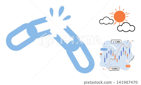 Broken chain link icon with sun clouds and financial market chart vector illustration. Business failure, economic crisis, market crash, unstable weather, investment risk, data analysis. Severed metal Broken chain link icon with sun clouds and financial market chart vector illustration. Business failure, economic crisis, market crash, unstable weather, investment risk, data analysis. Severed metal 141987470