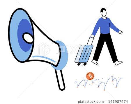 Megaphone with a traveler pulling luggage and a bitcoin price chart vector illustration. Marketing, travel, finance, cryptocurrency, investment, business growth. Loudspeaker, tourist, crypto Megaphone with a traveler pulling luggage and a bitcoin price chart vector illustration. Marketing, travel, finance, cryptocurrency, investment, business growth. Loudspeaker, tourist, crypto 141987474