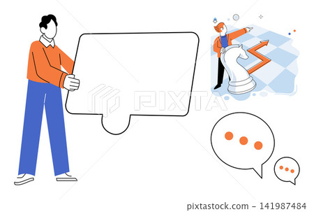Person holding a puzzle piece and chess strategy vector illustration. Planning, leadership, teamwork, communication, problem solving, business growth. Man with jigsaw element and game tactics Person holding a puzzle piece and chess strategy vector illustration. Planning, leadership, teamwork, communication, problem solving, business growth. Man with jigsaw element and game tactics 141987484