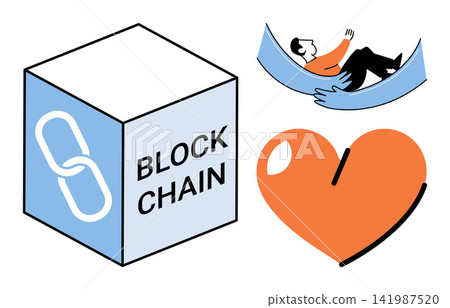 Blockchain cube with chain link, human hands holding a person, and a heart shape vector illustration. Technology, security, support, empathy, connection, digital finance. Distributed ledger, care Blockchain cube with chain link, human hands holding a person, and a heart shape vector illustration. Technology, security, support, empathy, connection, digital finance. Distributed ledger, care 141987520