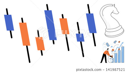 Financial trading candlestick charts with chess knight and investor vector illustration. Investment, stock market, strategy, business growth, economic analysis, wealth management. Market data graph Financial trading candlestick charts with chess knight and investor vector illustration. Investment, stock market, strategy, business growth, economic analysis, wealth management. Market data graph 141987521