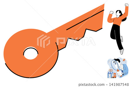 A large orange key and a jumping person vector illustration. Success, achievement, goal, solution, motivation, victory. Unlocking potential with a giant metal tool and excited human A large orange key and a jumping person vector illustration. Success, achievement, goal, solution, motivation, victory. Unlocking potential with a giant metal tool and excited human 141987548