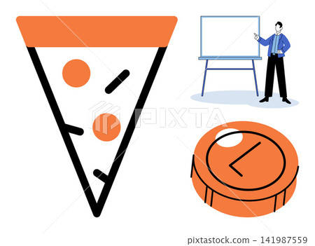 Pizza slice, speaker at whiteboard, and checkmark icon vector illustration. Food delivery, business presentation, task completion, education, marketing, success. Fast food, lecturer tick Pizza slice, speaker at whiteboard, and checkmark icon vector illustration. Food delivery, business presentation, task completion, education, marketing, success. Fast food, lecturer tick 141987559