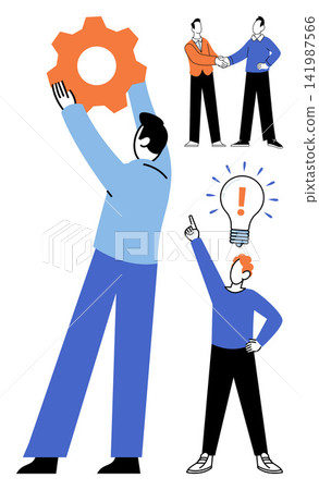 Men collaborating and solving problems vector illustration. Teamwork, business strategy, creative thinking, problem solving, professional partnership, innovation. Employees working on tasks Men collaborating and solving problems vector illustration. Teamwork, business strategy, creative thinking, problem solving, professional partnership, innovation. Employees working on tasks 141987566