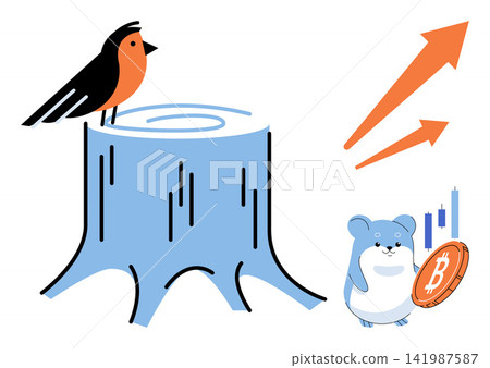 Bird sitting on a tree stump and a hamster holding a bitcoin coin with rising arrows vector illustration. Cryptocurrency, finance, investment, growth, market, trading. Avian on wood log Bird sitting on a tree stump and a hamster holding a bitcoin coin with rising arrows vector illustration. Cryptocurrency, finance, investment, growth, market, trading. Avian on wood log 141987587