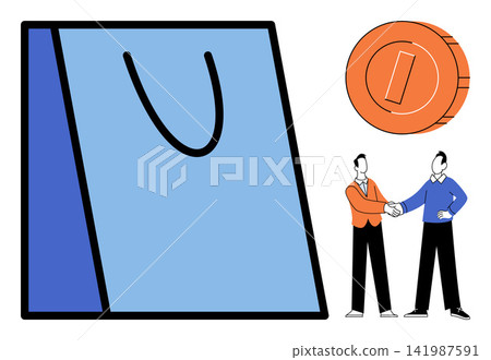 Shopping bag with coin and businessmen shaking hands vector illustration. Retail, commerce, partnership, investment, finance, business deal. Paper sack with money and professional agreement Shopping bag with coin and businessmen shaking hands vector illustration. Retail, commerce, partnership, investment, finance, business deal. Paper sack with money and professional agreement 141987591
