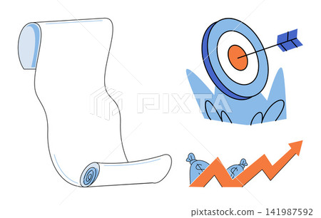 Blank scroll target with arrow and financial growth chart vector illustration. Planning, goal setting, investment, success, marketing, strategy. Paper roll bullseye and money profit graph Blank scroll target with arrow and financial growth chart vector illustration. Planning, goal setting, investment, success, marketing, strategy. Paper roll bullseye and money profit graph 141987592