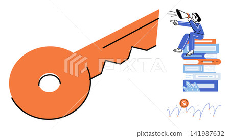 Person sitting on a stack of books using a megaphone near a large key vector illustration. Education, knowledge, success, strategy, communication, growth. Student shouting through bullhorn Person sitting on a stack of books using a megaphone near a large key vector illustration. Education, knowledge, success, strategy, communication, growth. Student shouting through bullhorn 141987632