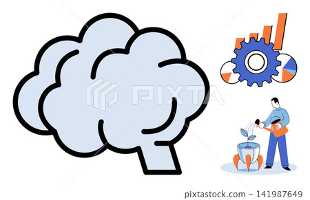 Human character watering a rocket plant near a brain and gear chart vector illustration. Innovation, productivity, development, strategy, success, startup. Person nurturing ideas Human character watering a rocket plant near a brain and gear chart vector illustration. Innovation, productivity, development, strategy, success, startup. Person nurturing ideas 141987649